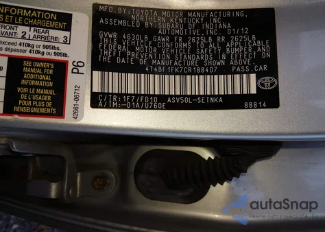 2012 Toyota Camry Le z USA, uszkodzony, nr VIN 4T4BF1FK7CR188407